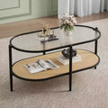 Farmhouse Rattan Coffe Table with Storage Shelf,Water-Wave GlassTabletop Cocktail Tea Table