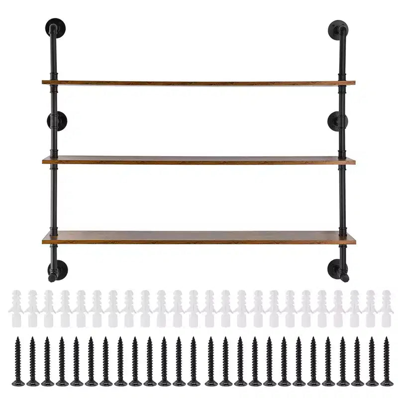 VEVOR Industrial Pipe Shelf, 3 Tier 48x9.84in,Wall-Mount Floating Rustic Wood Shelves Bracket Display Bookshelf, Storage Rack Sundries Holder, Brown
