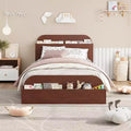 Twin Size Bed Frame, Wooden Beds w/Storage Headboard & Raised-Foodboard for Kid, Twin-Floor Low Platform Bed for Bedroom, Wooden Slats Support