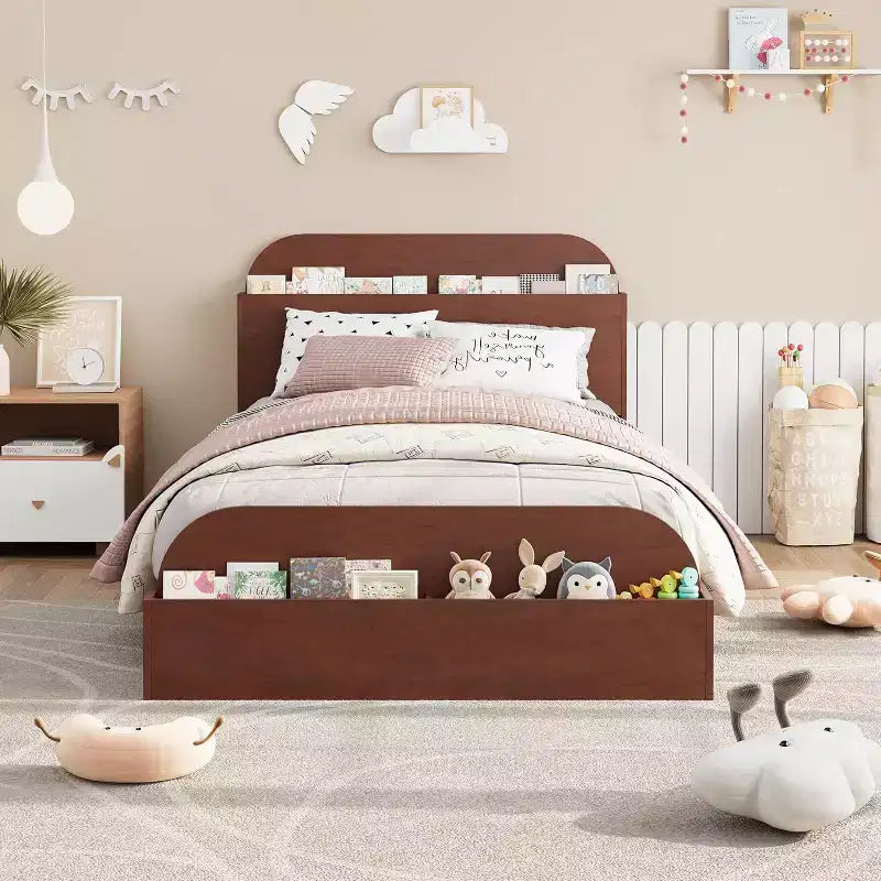 Twin Size Bed Frame, Wooden Beds w/Storage Headboard & Raised-Foodboard for Kid, Twin-Floor Low Platform Bed for Bedroom, Wooden Slats Support