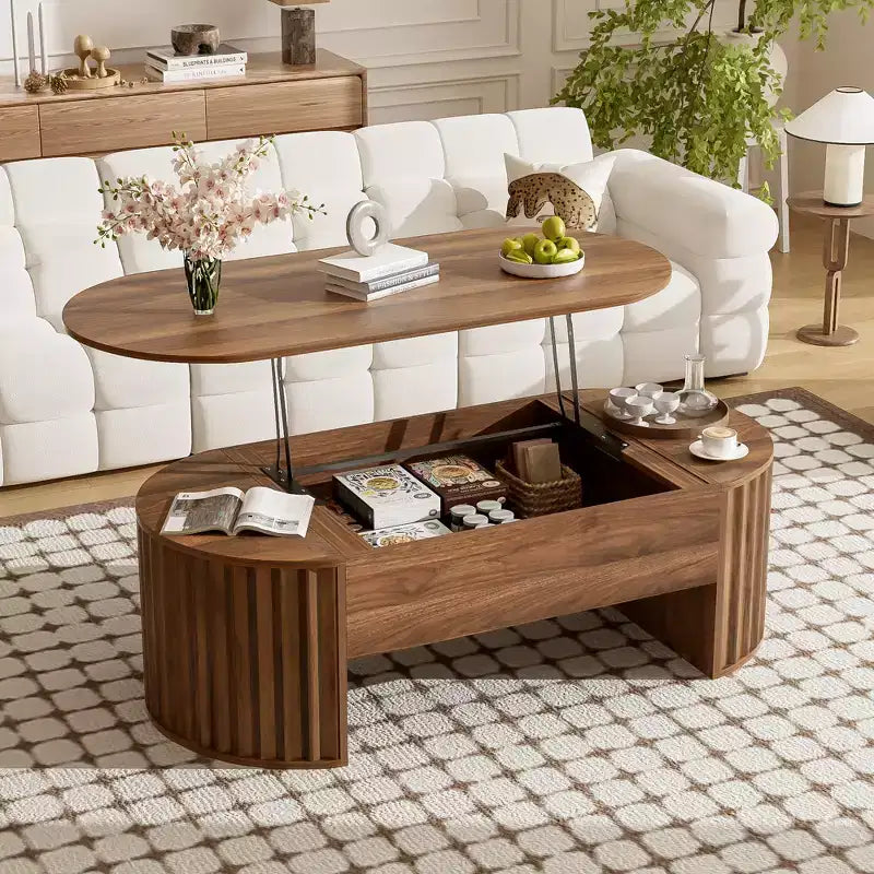 Lift Top Coffee Table with Hidden Storage, Oval Wooden Center Table, Space-Saving Home Furniture - ModernLuxe
