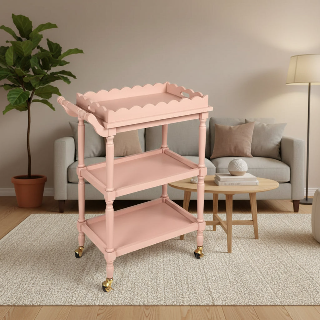 Storied Home 3-Tier Bar Cart on Casters with Removable Scalloped Tray, Pink