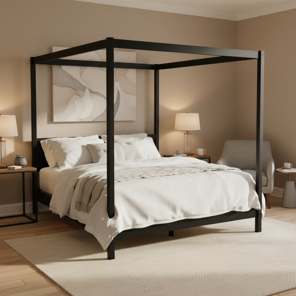 Walker Edison Modern Boho Wood Canopy Bed with Plank Headboard