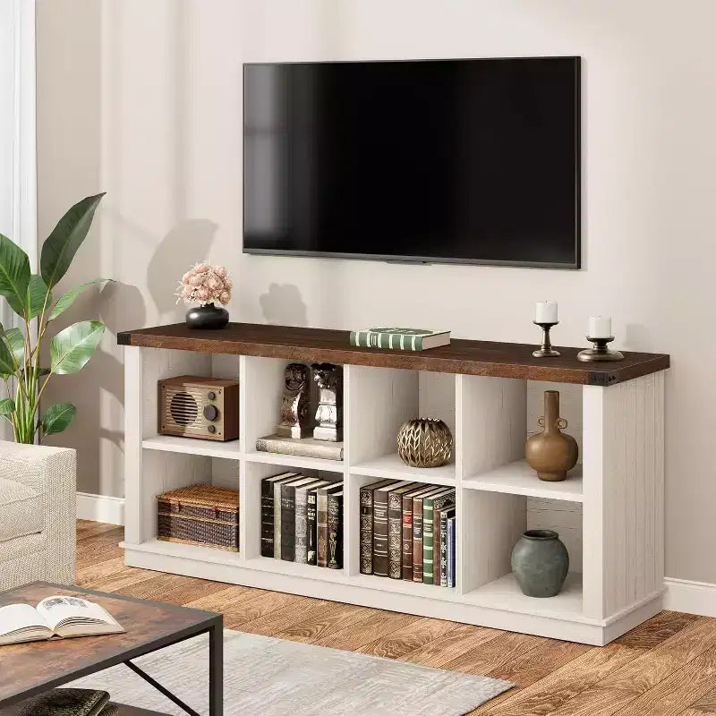 8 Cube Book Shelf, Rustic Farmhouse Wood Horizontal Bookshelf, Freestanding Bookcase Cabinet, 2-Tier Storage Organizer for Home, Office Brown White