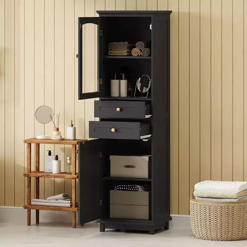 Okak Tall Freestanding Bathroom Cabinet with Glass Doors & Drawers,Floor Storage Cabinet Unit for Bathroom,Kitchen