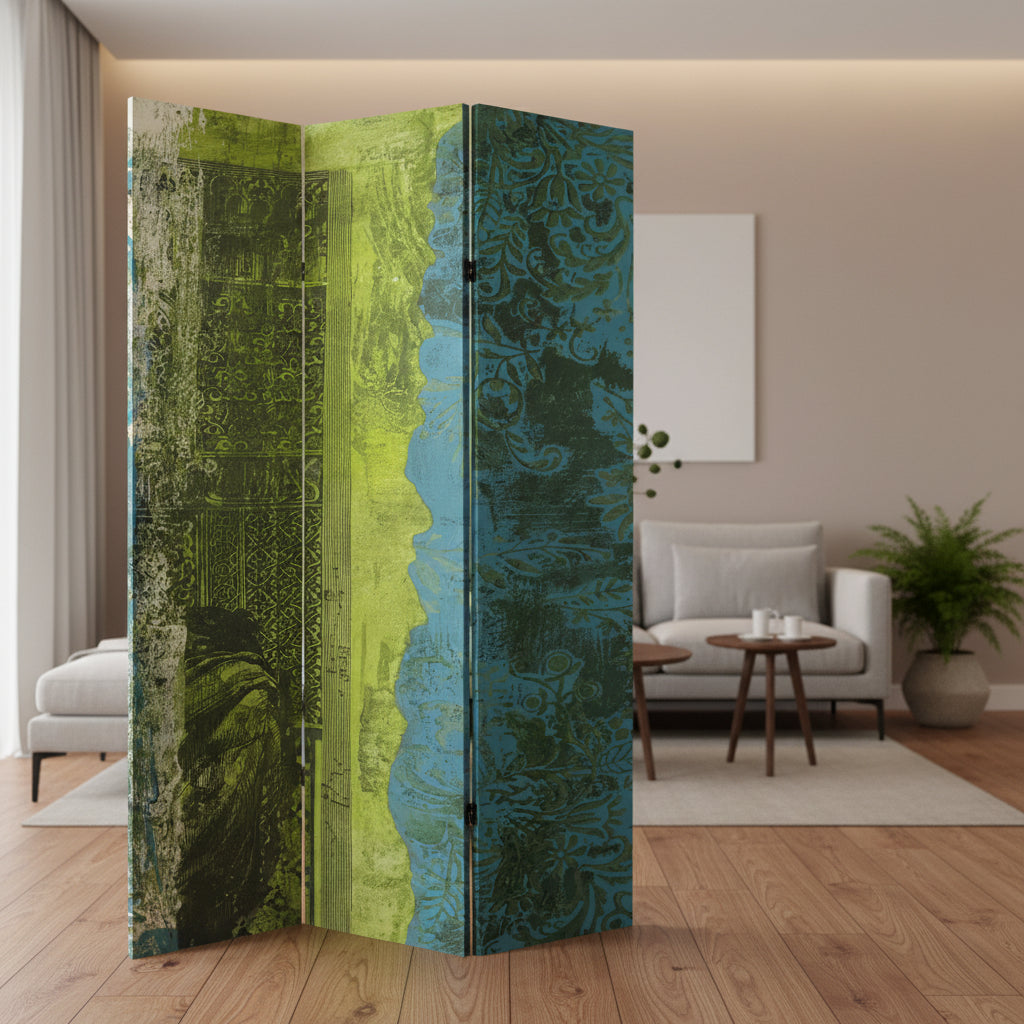 6" Double Sided Philosopher's Gate Canvas Room Divider Green: Oriental Furniture, Adjustable 3-Panel Screen
