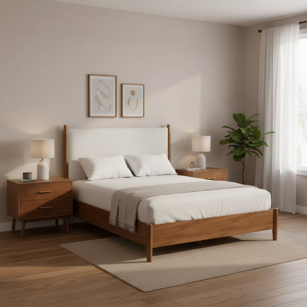 HOMES: Inside + Out 3pc Riverstone Mid-Century Modern Boucle Bedroom Set with 2 Nightstands Walnut