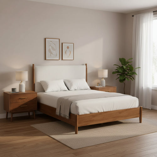 HOMES: Inside + Out 3pc Riverstone Mid-Century Modern Boucle Bedroom Set with 2 Nightstands Walnut